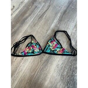 Bikini Top Like New XS Black Colorful Tropical Leaves Triangle strappy swimsuit